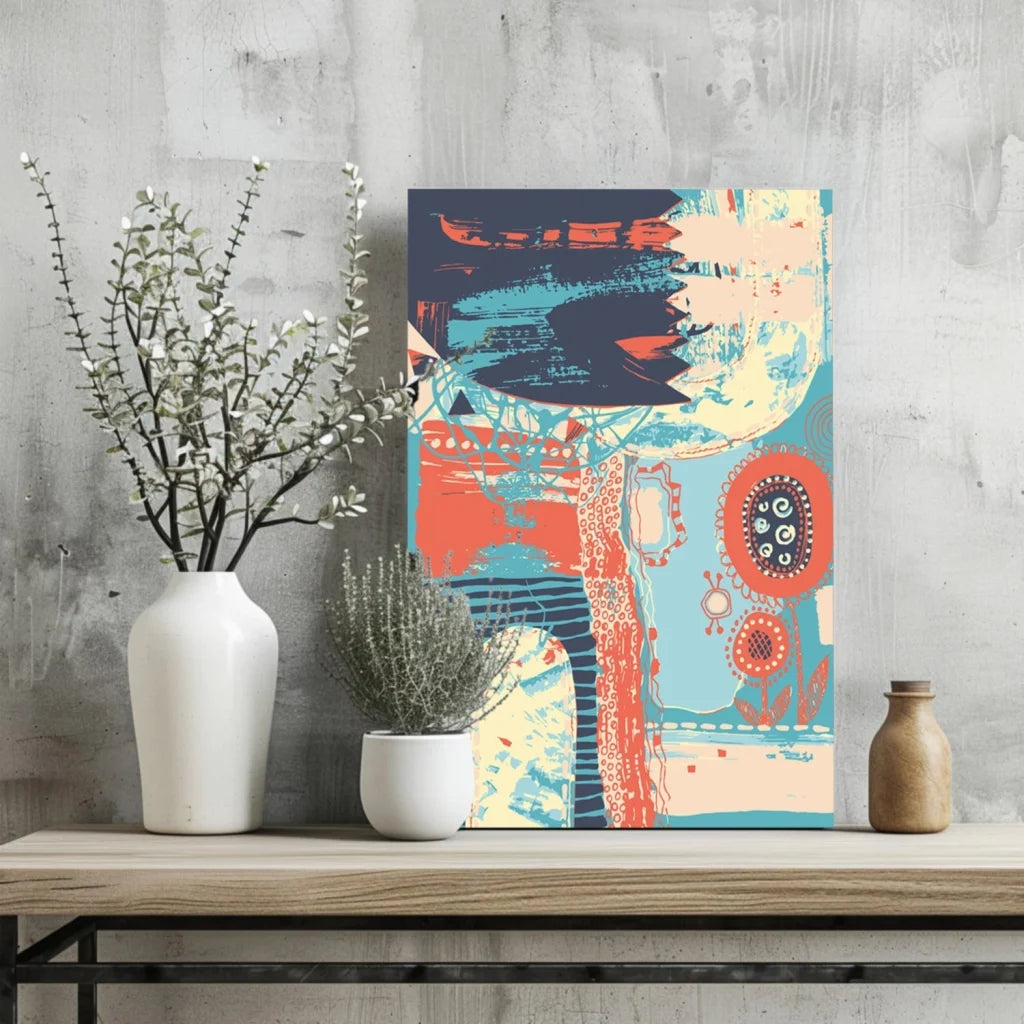 Vibrant teal coral abstract floral canvas wall art with bold navy brushstrokes
