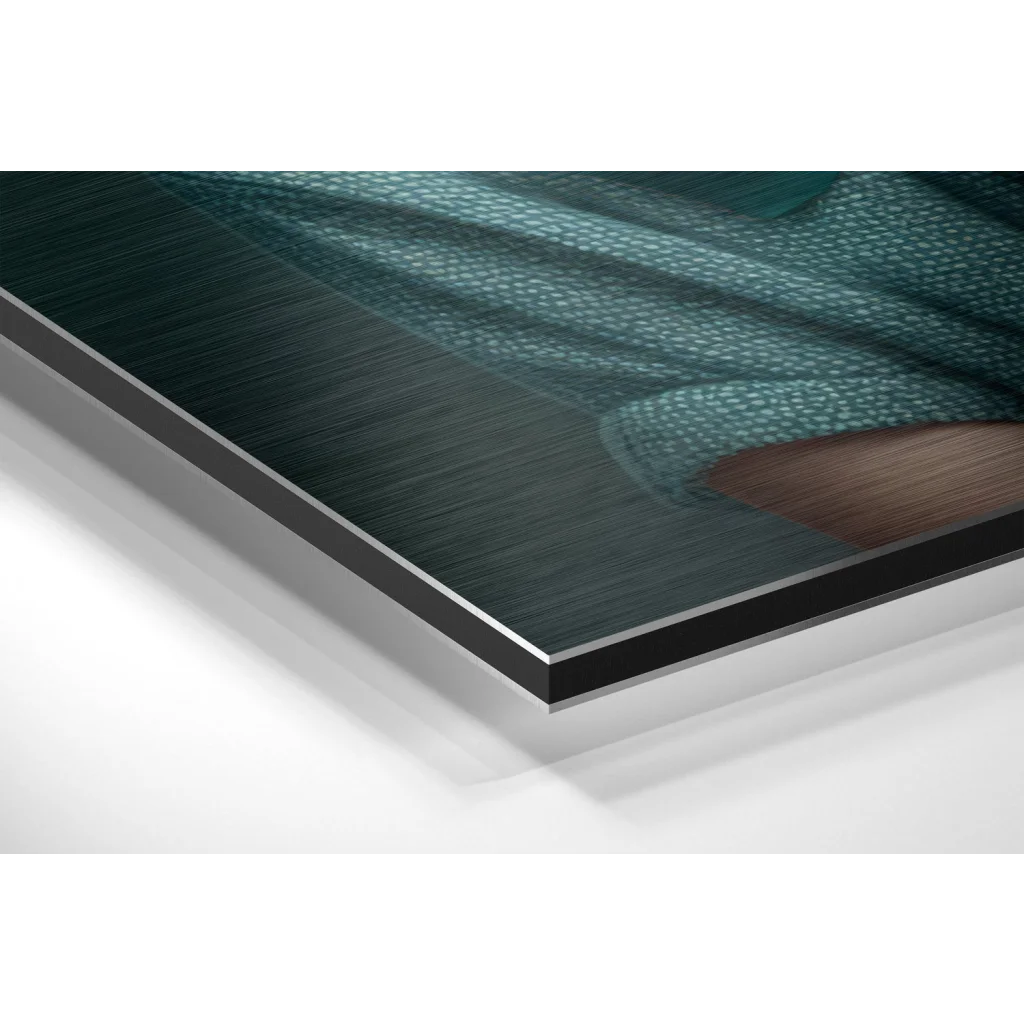 Teal dog portrait on brushed aluminium dibond print in black frame