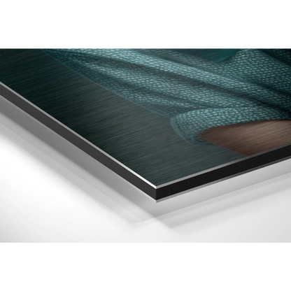 Teal dog portrait on brushed aluminium dibond print in black frame