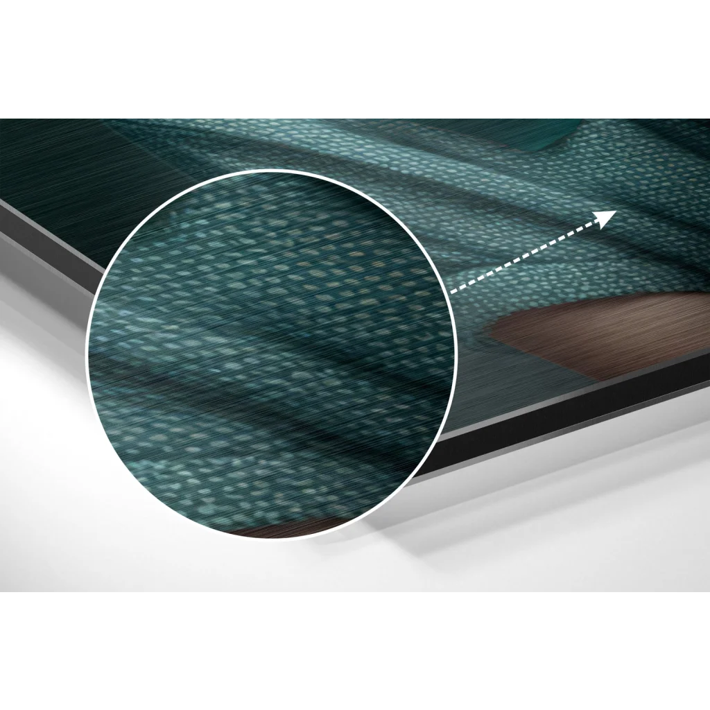 glass wall art Teal woven fabric with white dots on brushed aluminium dibond print