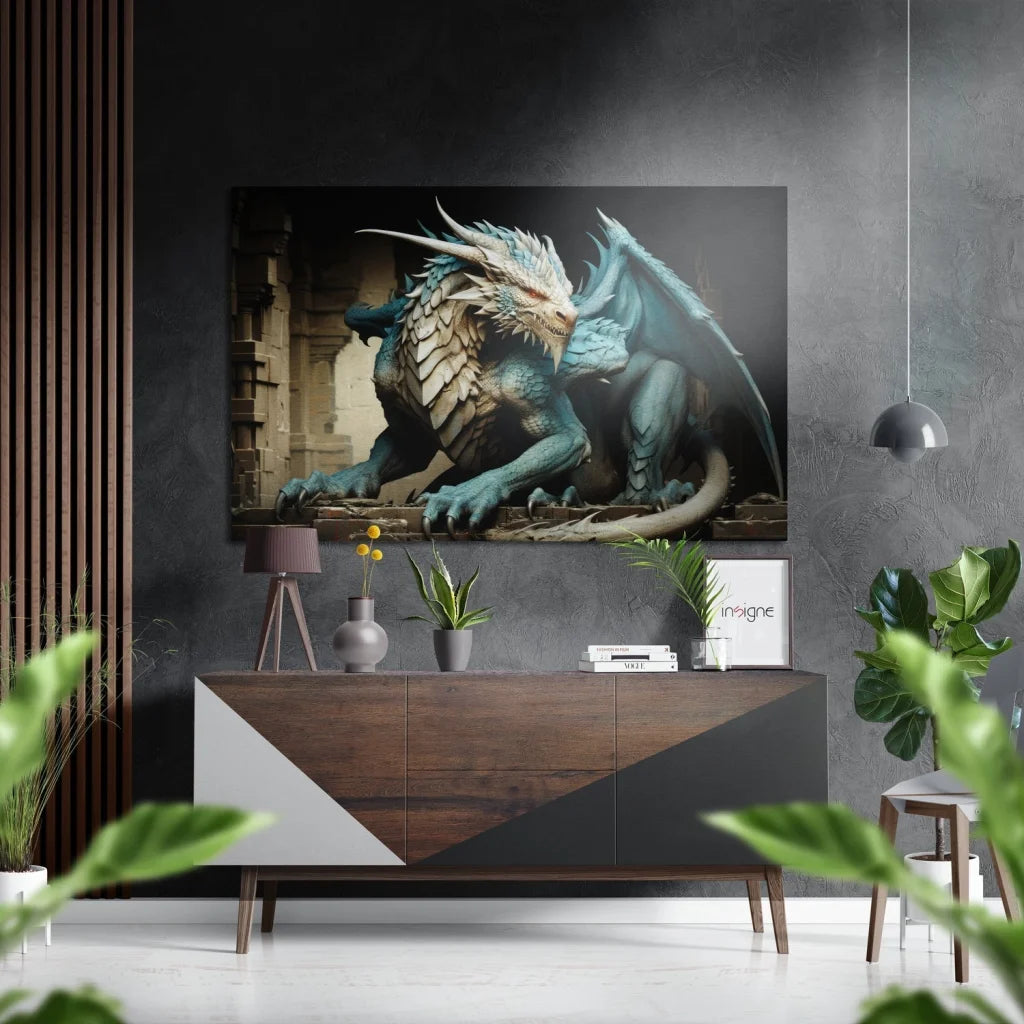 Striking teal dragon on brushed aluminium dibond wall art