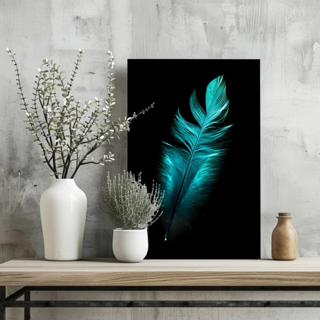 Stunning Teal Feather Insigne Aluminum Prints for Your Wall | Glass Wall Art Print | vintageantiquesgifts.com