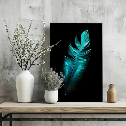 Stunning Teal Feather Insigne Aluminum Prints for Your Wall | Glass Wall Art Print | vintageantiquesgifts.com