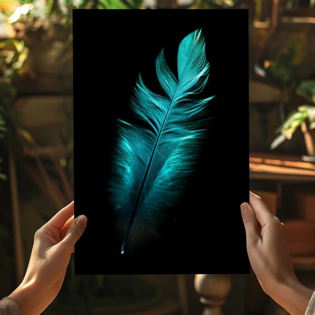 Stunning teal feather insigne aluminum print on black canvas held by hands