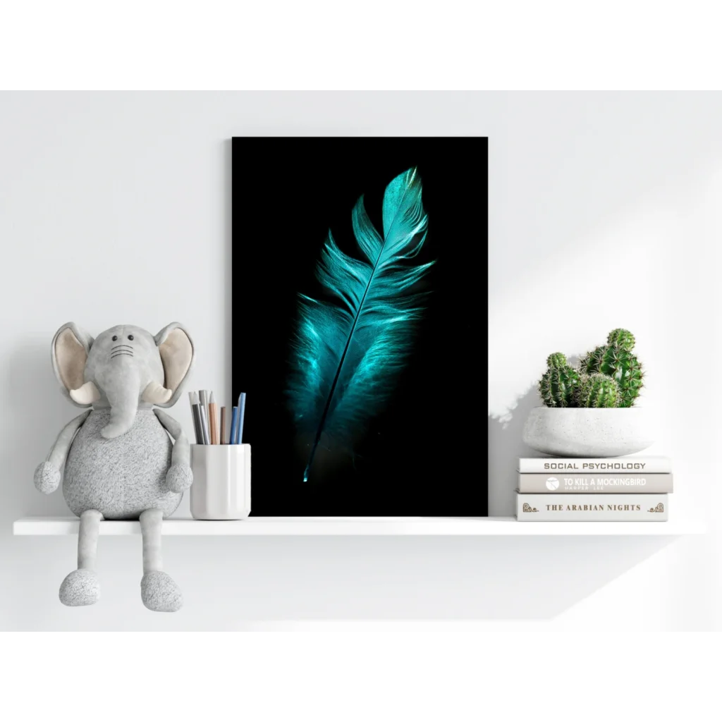 Vibrant teal feather insigne aluminum print with glossy finish on black background