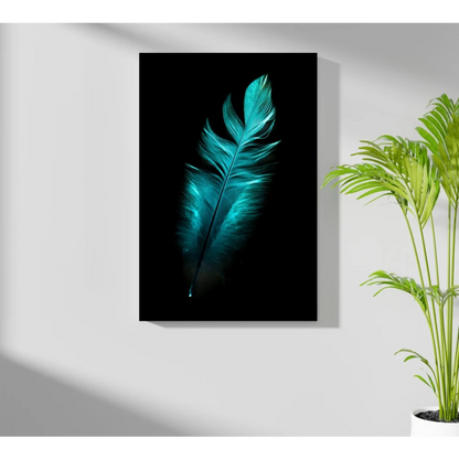 Stunning teal feather insigne aluminum print on black background