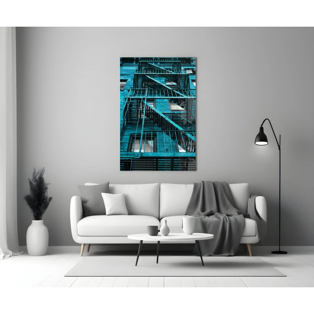 Teal metal fire escape staircase wall art print