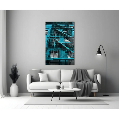 Teal metal fire escape staircase wall art print