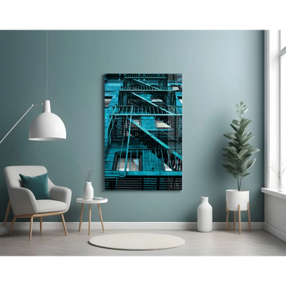 Teal fire escape staircase wall art print