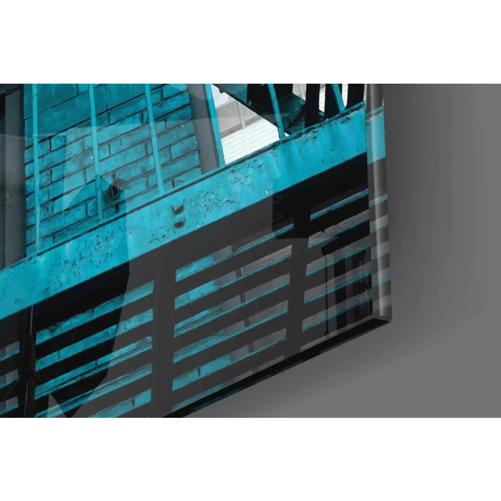 Teal fire escape staircase glass wall art with urban brick and railings