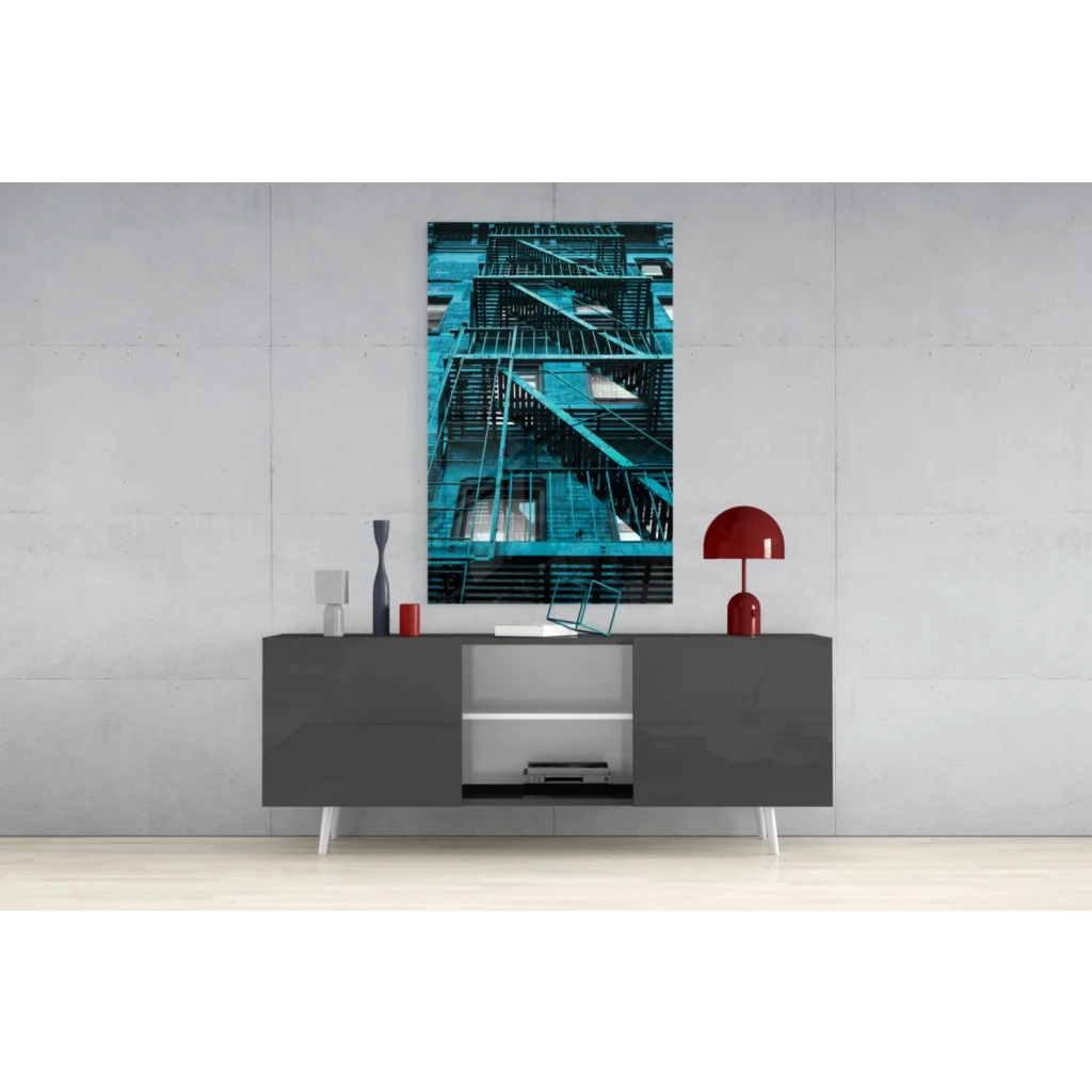 Teal-toned metal fire escape staircase glass wall art print on wall