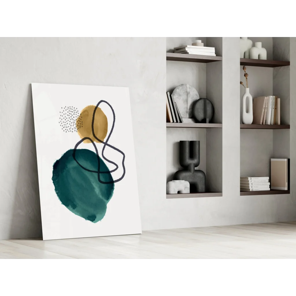 Bold teal gold abstract glass wall art with black accents