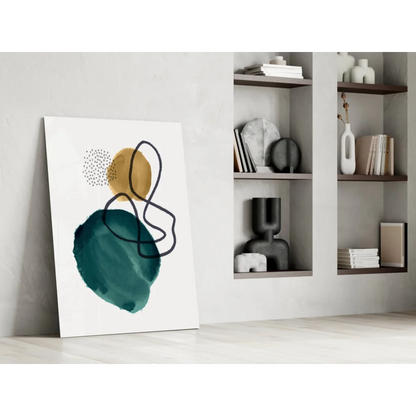 Bold teal gold abstract glass wall art with black accents