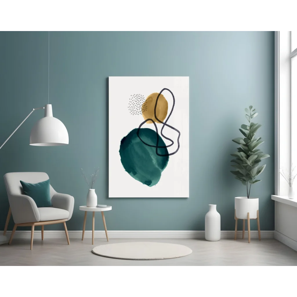 Bold teal gold abstract glass wall art with black accents
