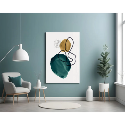 Bold teal gold abstract glass wall art with black accents