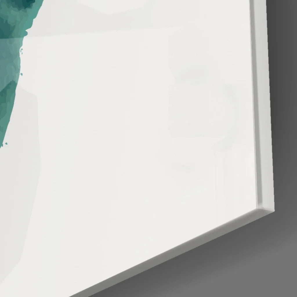 Teal gold abstract glass wall art with white frame and bold black accents