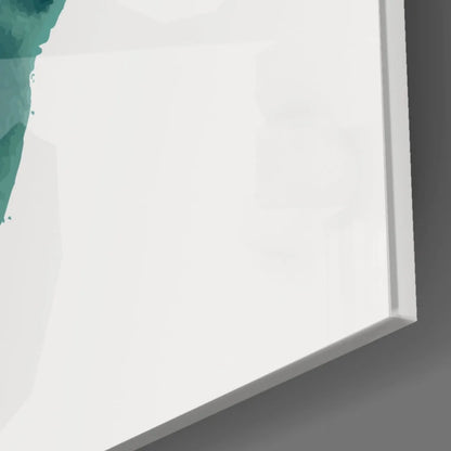 Teal gold abstract glass wall art with white frame and bold black accents