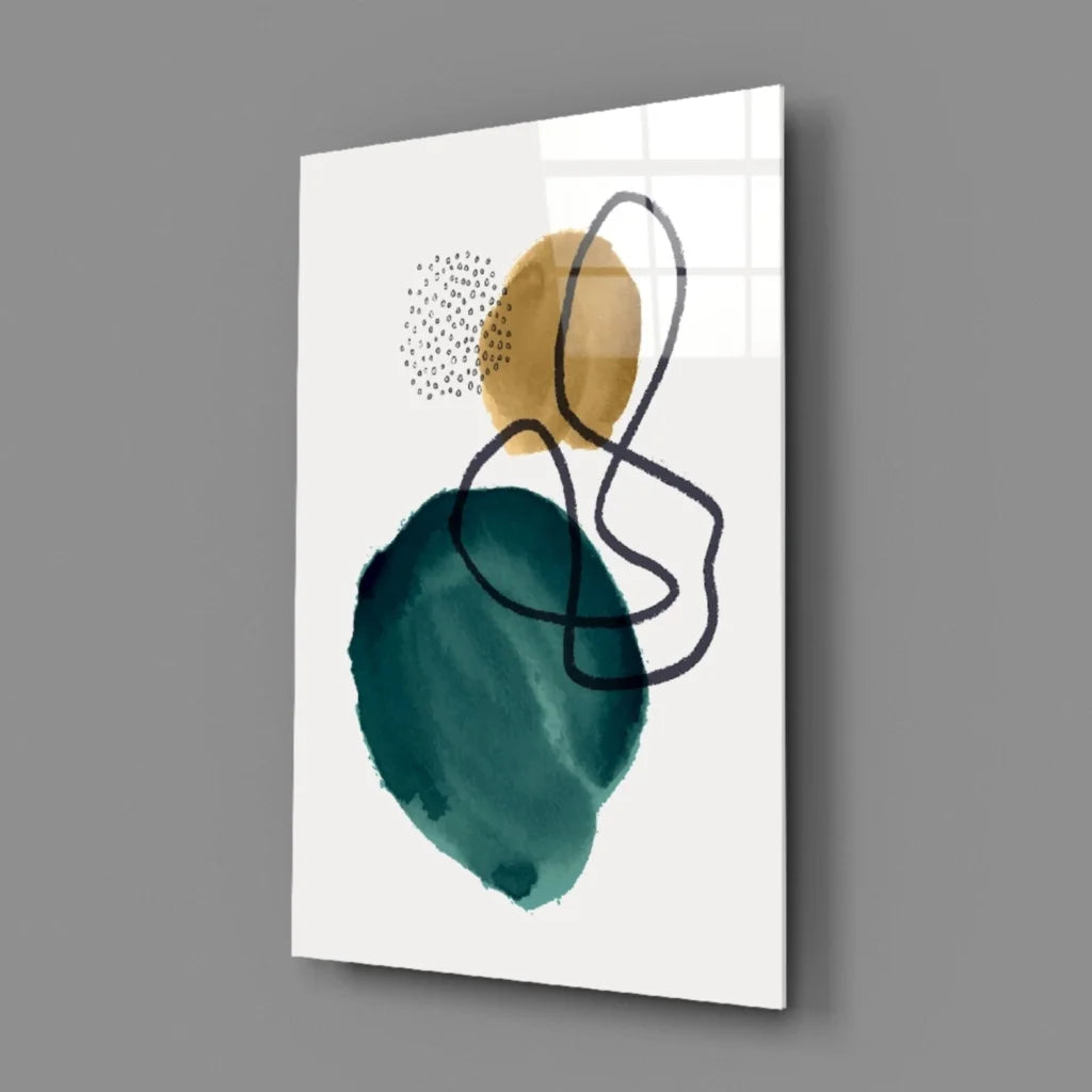 Teal gold abstract glass wall art with bold black accents