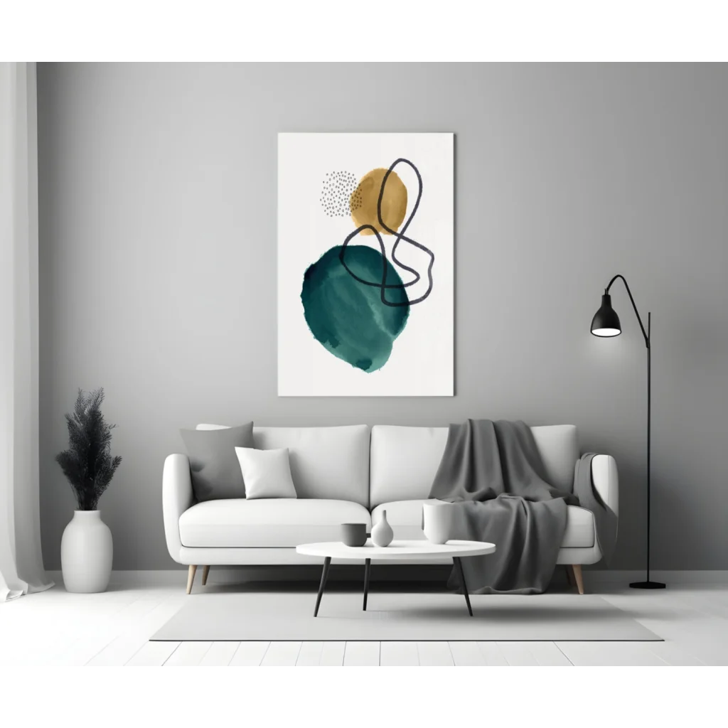Bold teal gold abstract glass wall art with black accents