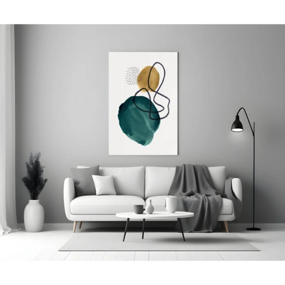 Bold teal gold abstract glass wall art with black accents