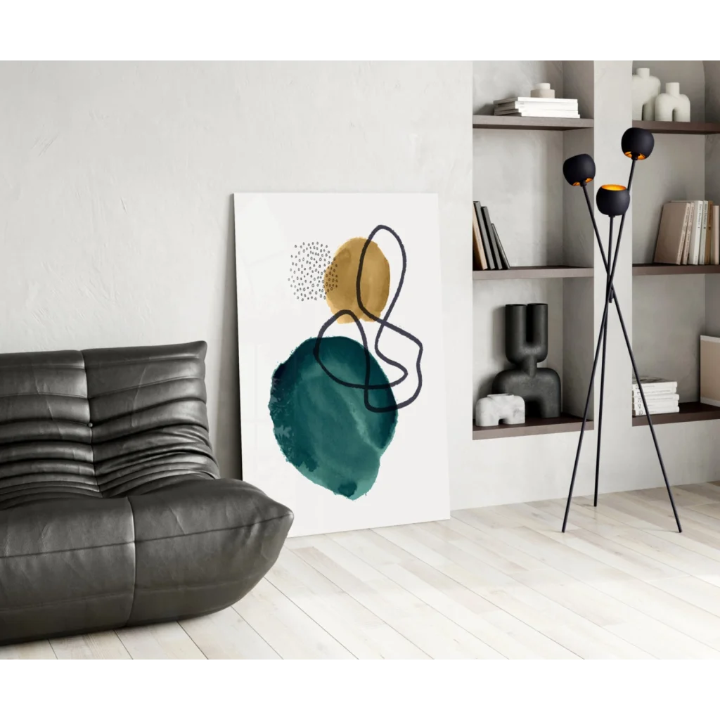 Modern teal gold abstract glass wall art with bold black accents