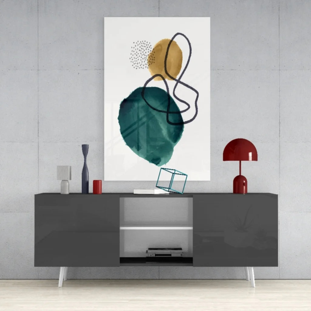 Teal gold abstract glass wall art with bold black accents