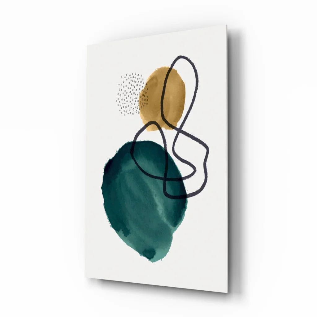 Teal gold abstract glass wall art with bold black ink accents