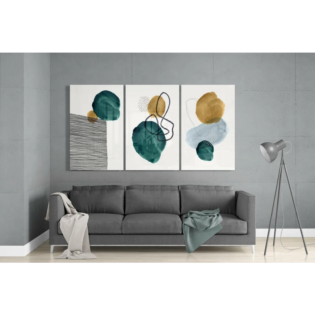 Teal and gold abstract glass wall art triptych set in teal, mustard yellow, and gray tones