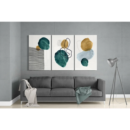 Teal and gold abstract glass wall art triptych set in teal, mustard yellow, and gray tones