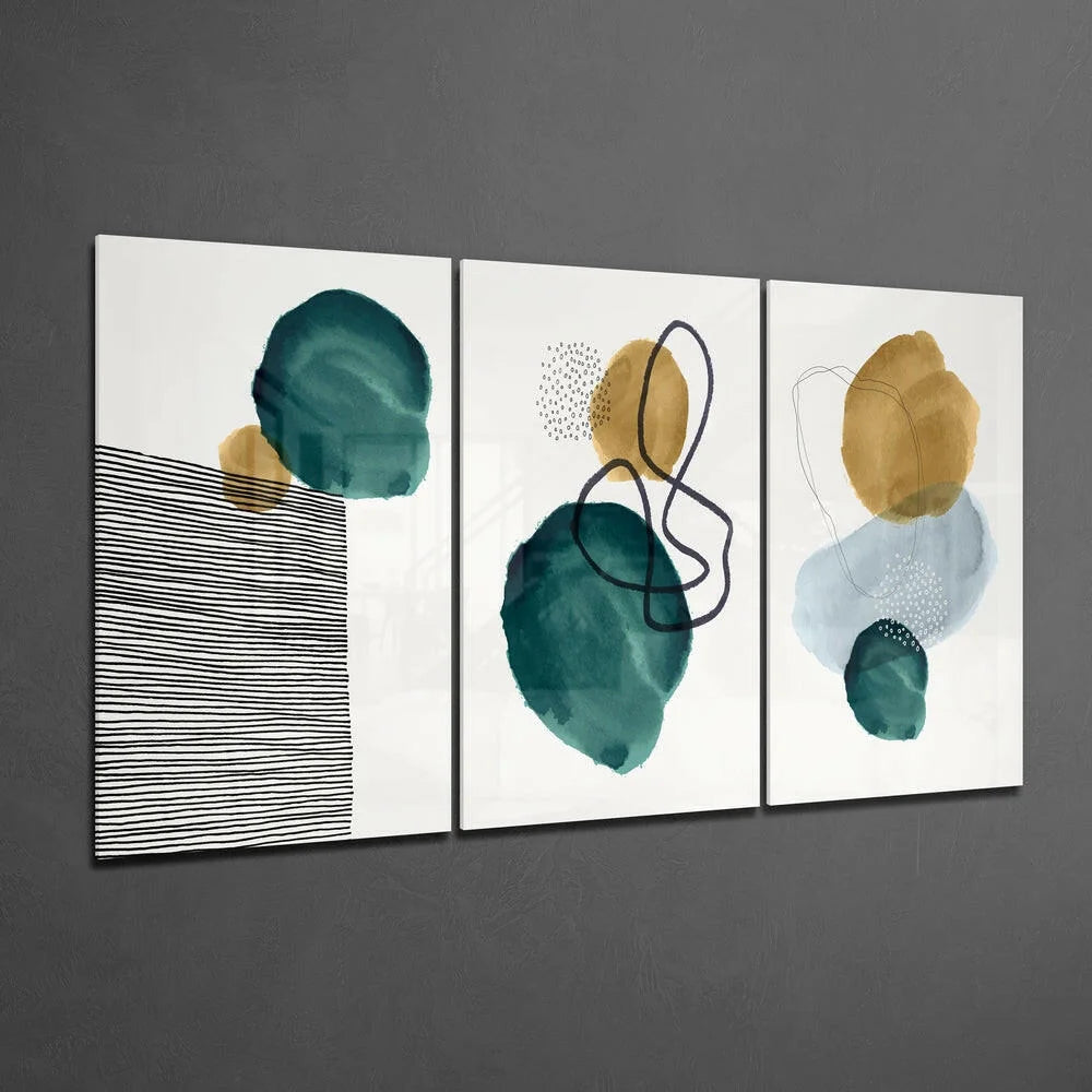 Teal and gold abstract glass wall art triptych set in teal, gold, white hues