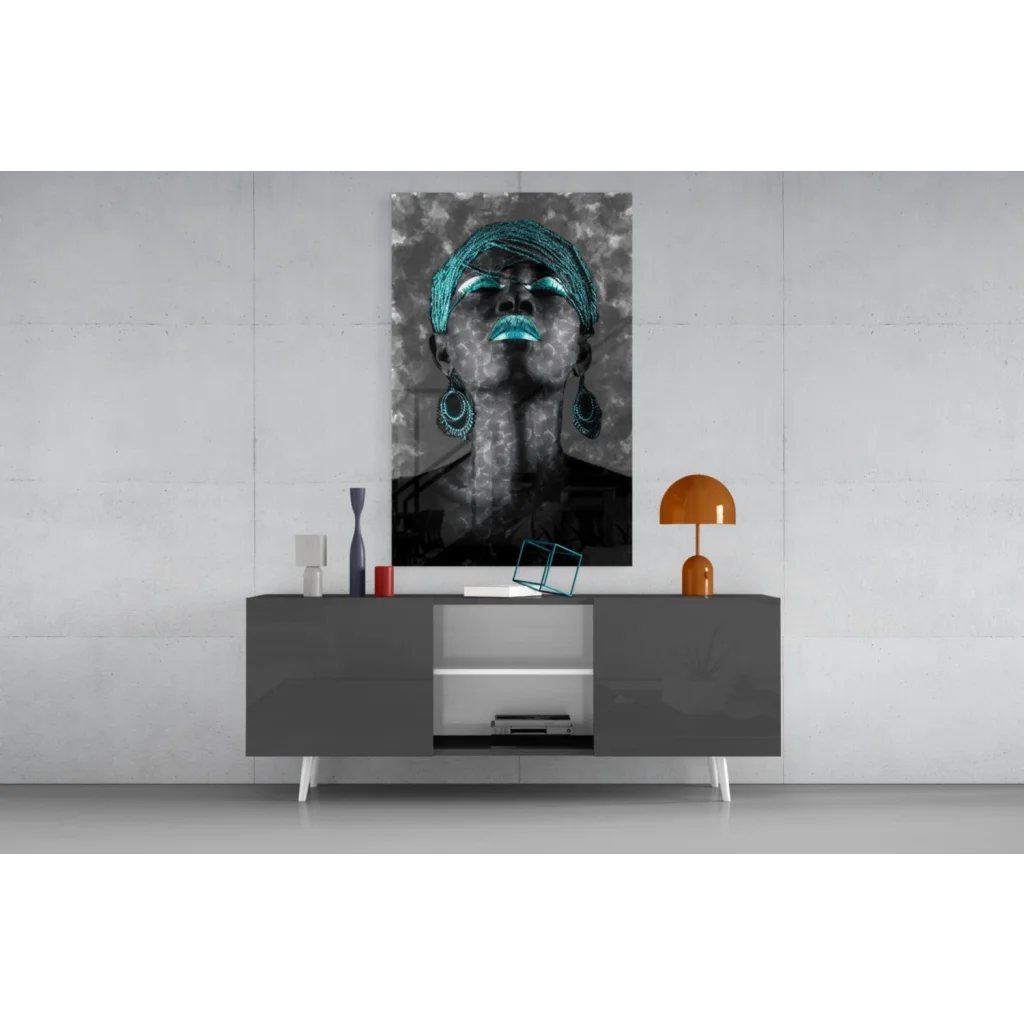 Teal beaded headscarf and earrings portrait on glass wall art canvas