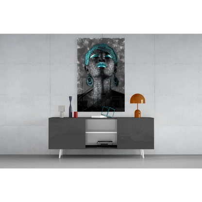 Teal beaded headscarf and earrings portrait on glass wall art canvas