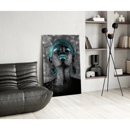 Teal headwrap portrait canvas wall art of woman with turquoise accessories