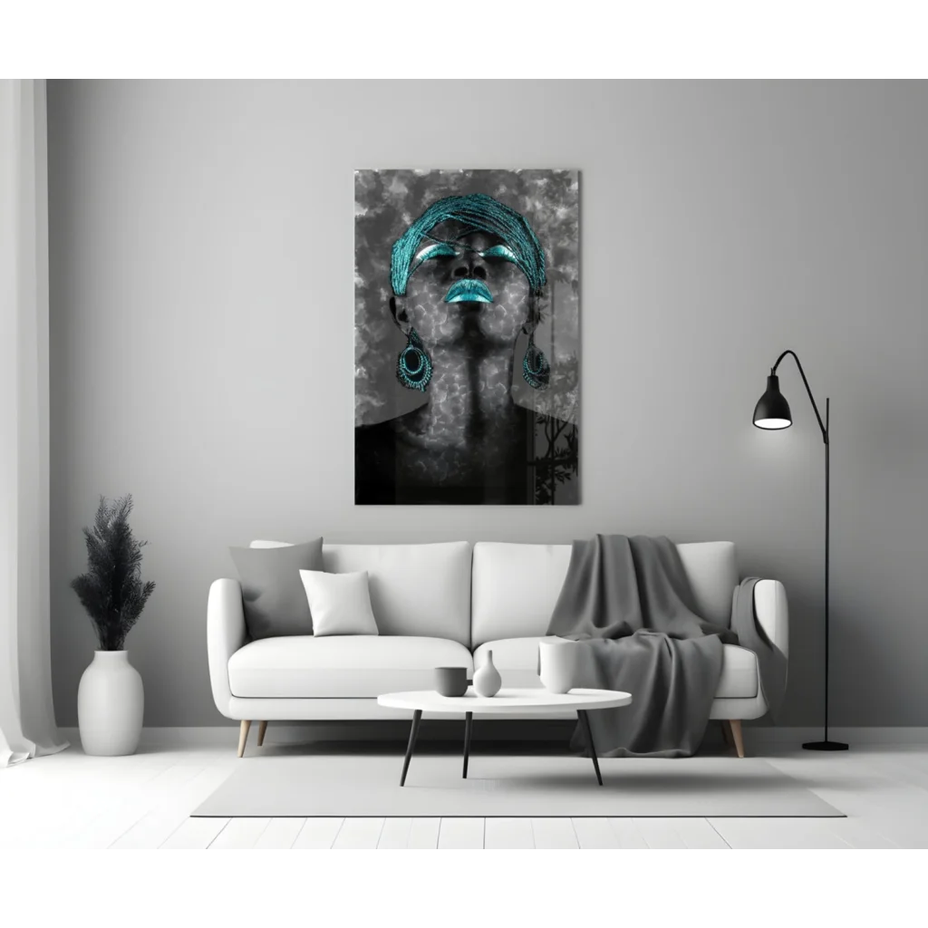 Teal headwrap portrait canvas wall art above white sofa