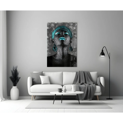 Teal headwrap portrait canvas wall art above white sofa