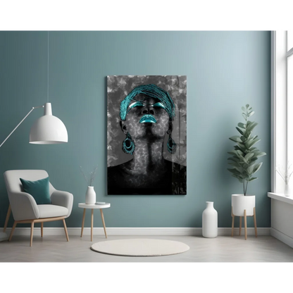 Teal headwrap portrait canvas wall art with bold turquoise makeup