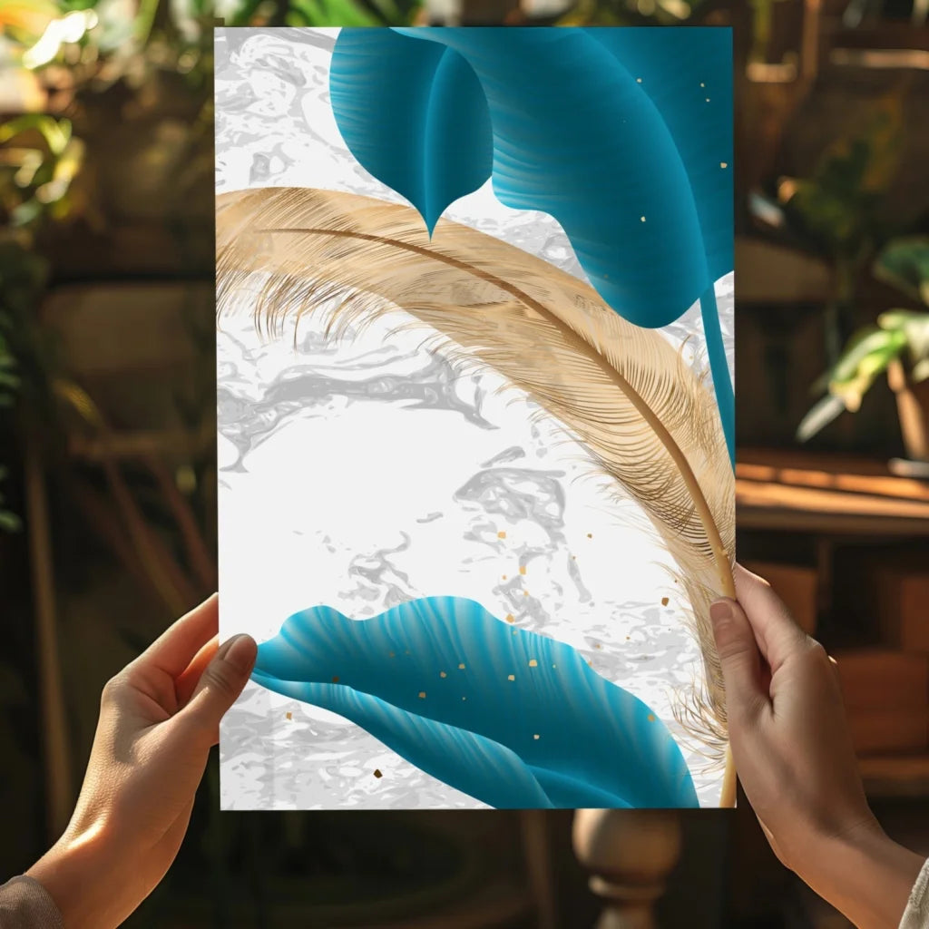 Teal gold feather insigne aluminum print on white marble background