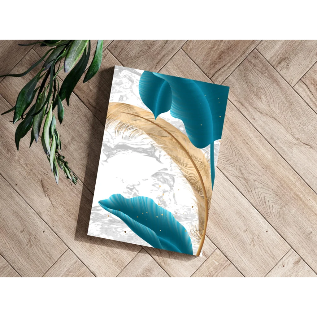 Teal Gold Feather Insigne Aluminum Prints for Modern Homes | Modern Wall Art Decor | vintageantiquesgifts.com