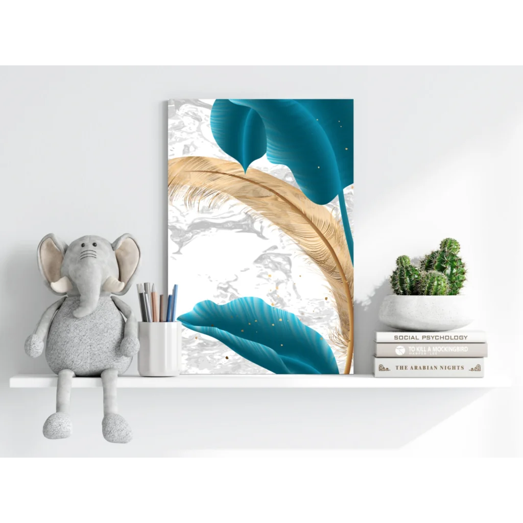Teal gold feather insigne aluminum print on marbleized white canvas