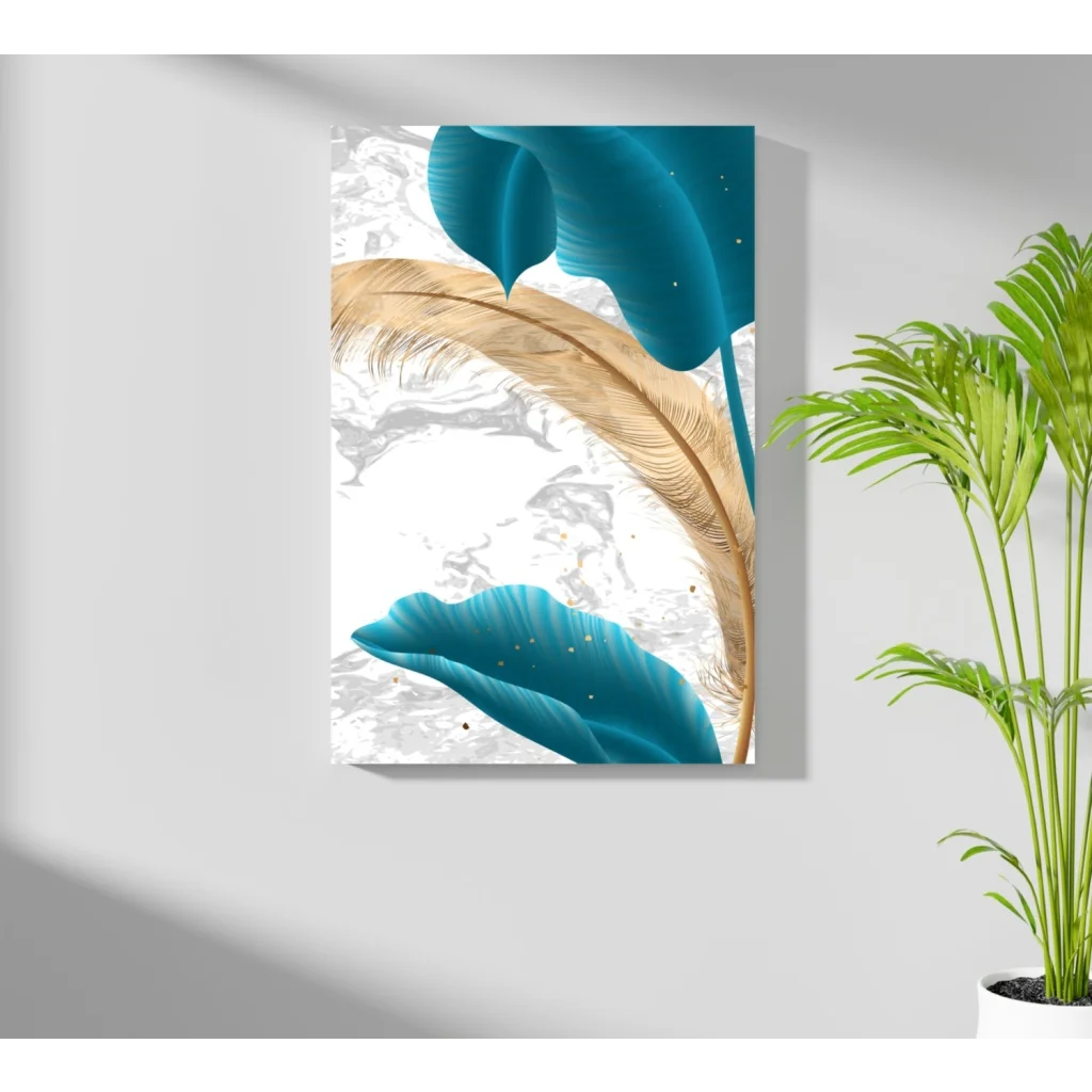 Stylized teal gold leaves on marble in Teal Gold Feather Insigne aluminum prints