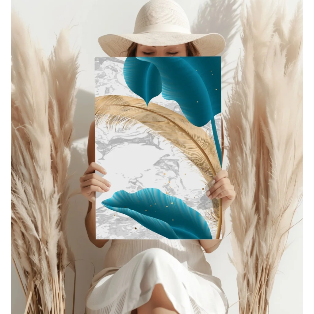 Teal Gold Feather Insigne Aluminum Prints for Modern Homes | Contemporary Home Wall Art | vintageantiquesgifts.com