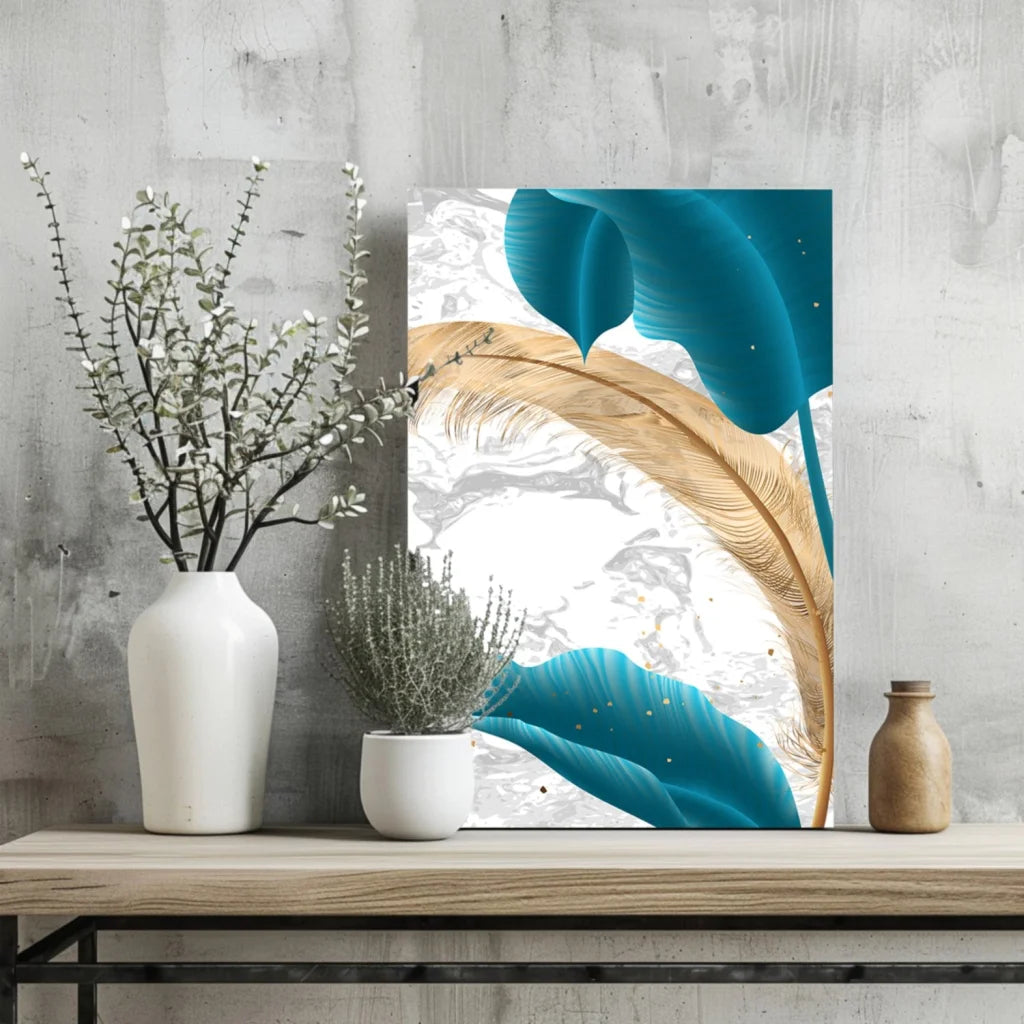 Teal Gold Feather Insigne Aluminum Prints for Modern Homes | Glass Wall Art Print | vintageantiquesgifts.com