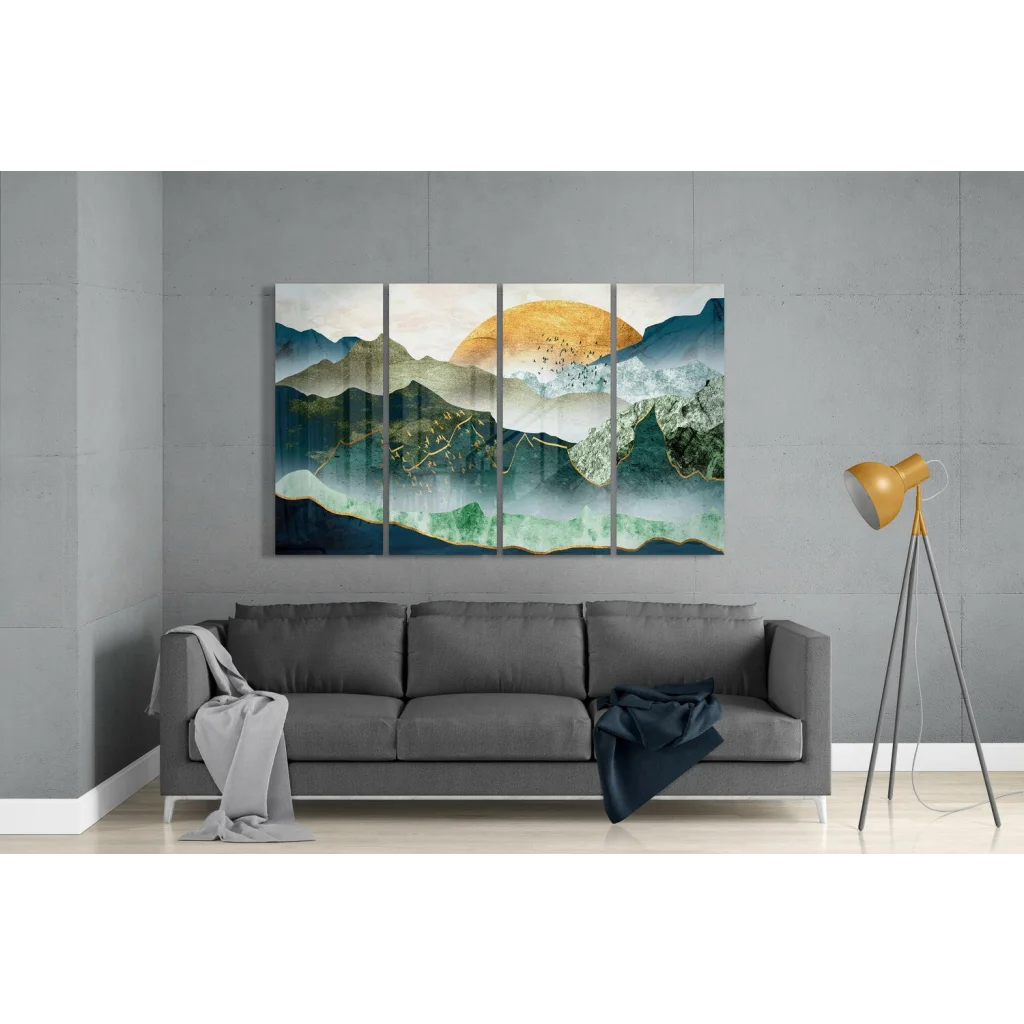 Modern teal mountain peaks glass wall art with golden sun accents
