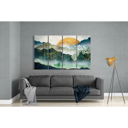 Modern teal mountain peaks glass wall art with golden sun accents
