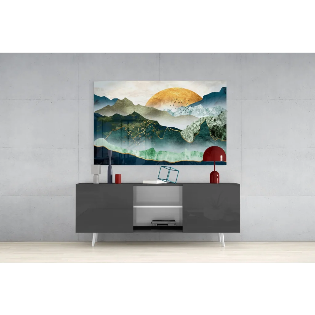 Modern teal mountain peaks gold accent wall art canvas