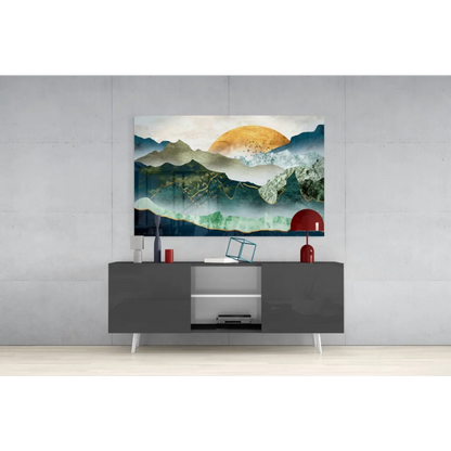 Modern teal mountain peaks gold accent wall art canvas