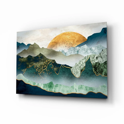 Modern teal mountain peaks gold accent wall art canvas
