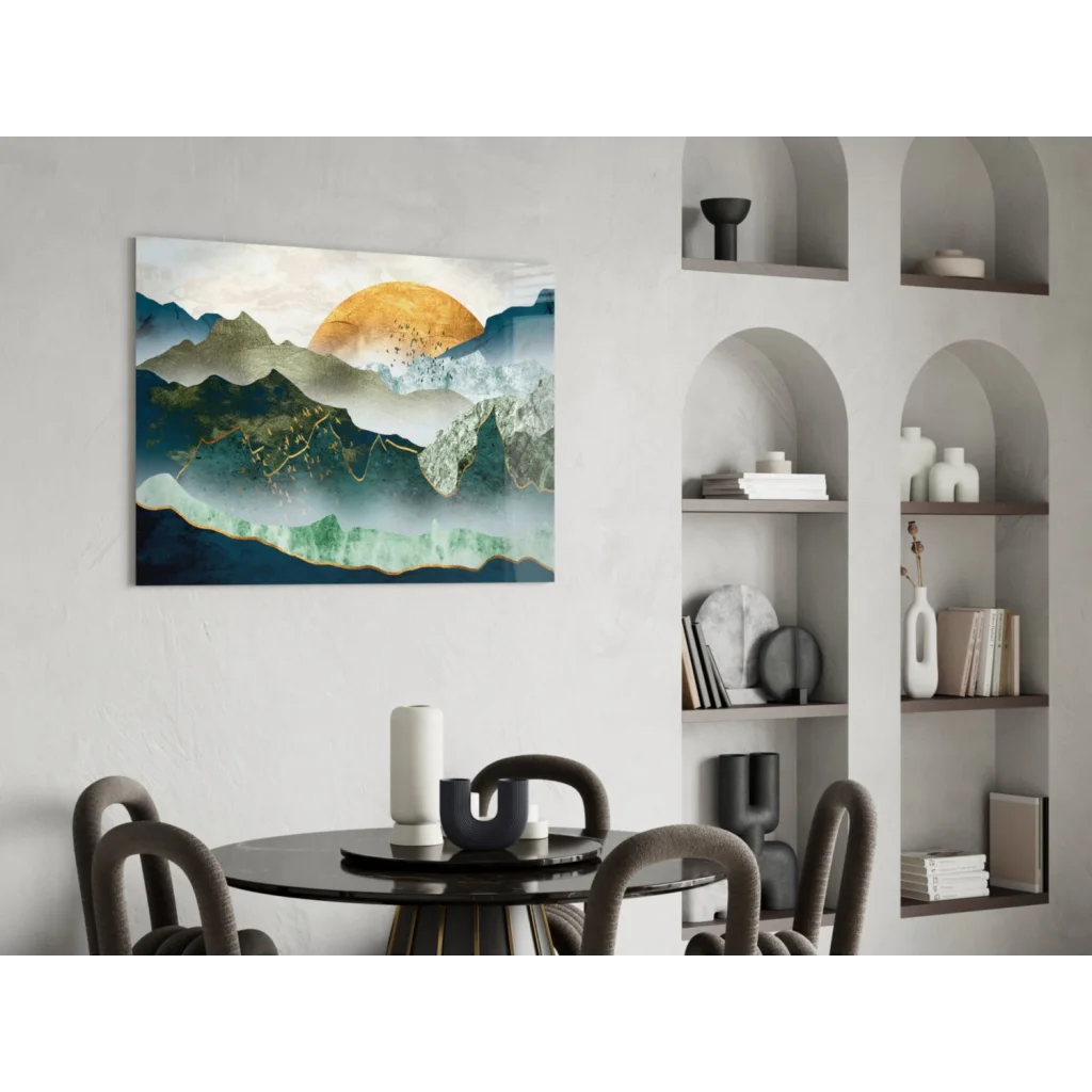 Modern teal mountain peaks gold accent glass wall art