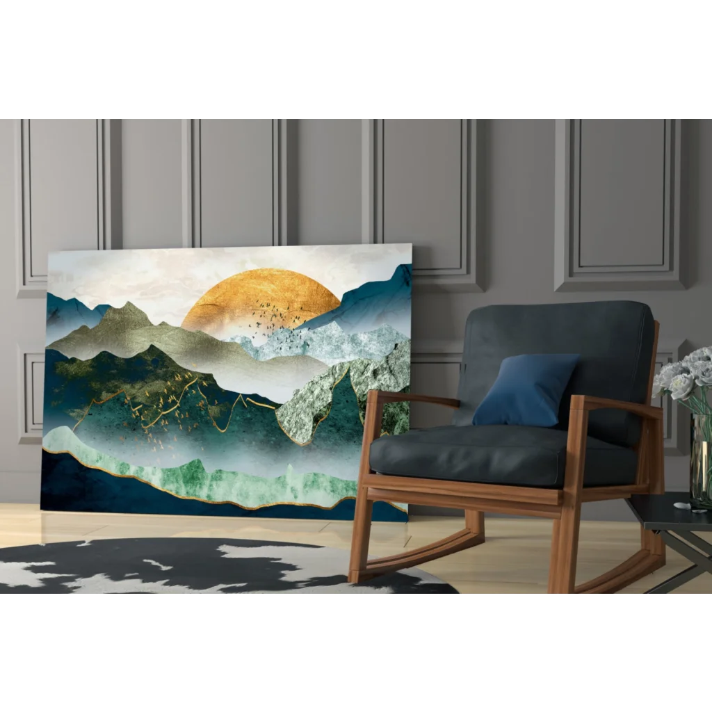 Modern teal mountain peaks canvas wall art with gold accents