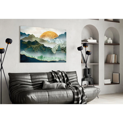 Teal mountain peaks gold accent canvas wall art with abstract landscape